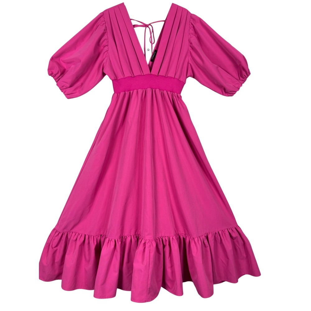 Barbiecore Hot Pink Puff Sleeve Midi Dress Cottagecore Babydoll Ruffle Hem